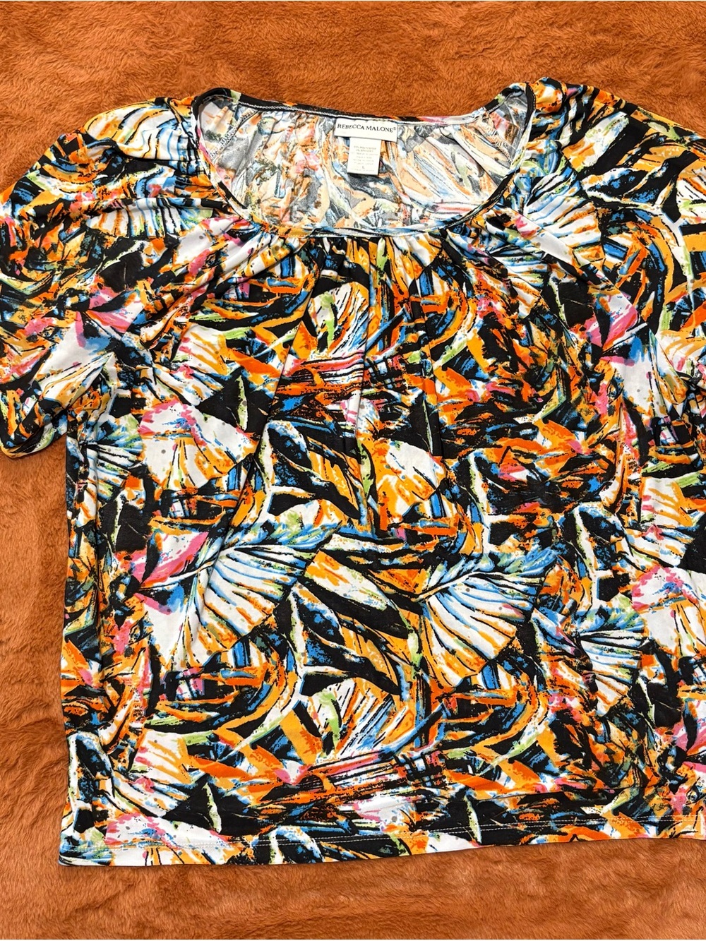 Rebecca Malone Orange Black Multi-Print Short Sleeve Top